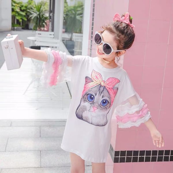 

summer girls dress baby tee dress kids fashion streetwear children vestidos sequin cat patch mesh puff sleeve 4 to 14 yrs, Red;yellow