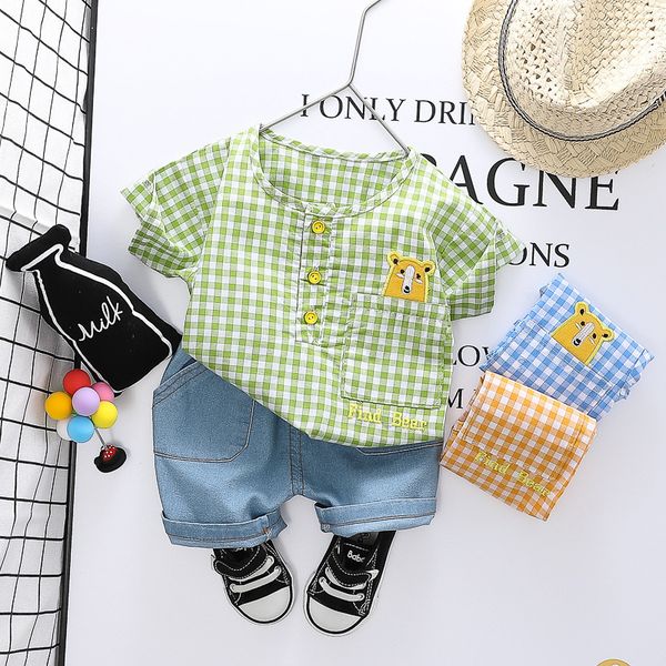

2020 summer baby girls plaid bear short sleeve t-shirts + casual denim jeans boys infant 2pcs suits children kids clothing sets, White