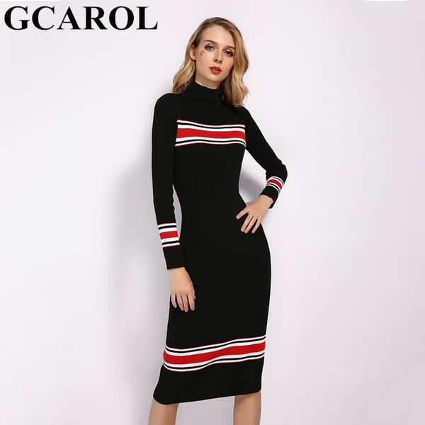 

gcarol 2019 новый стенд воротник женщины полосатый сплайсированные длинное платье sexy bodycon платье осень зима элегантный черный трикотаж, Black;gray