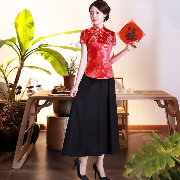 

women's improved brocade plum blossom slim fitting retro daily cheongsam short sleeve and black skirt, Red