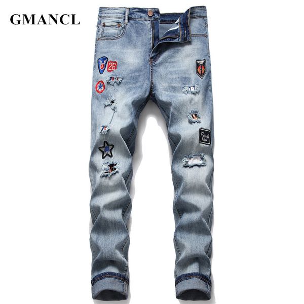 

men hip hop embroidery ripped straight jeans pants fashion male streetwear casual knee hole cotton jogger denim trousers, Blue