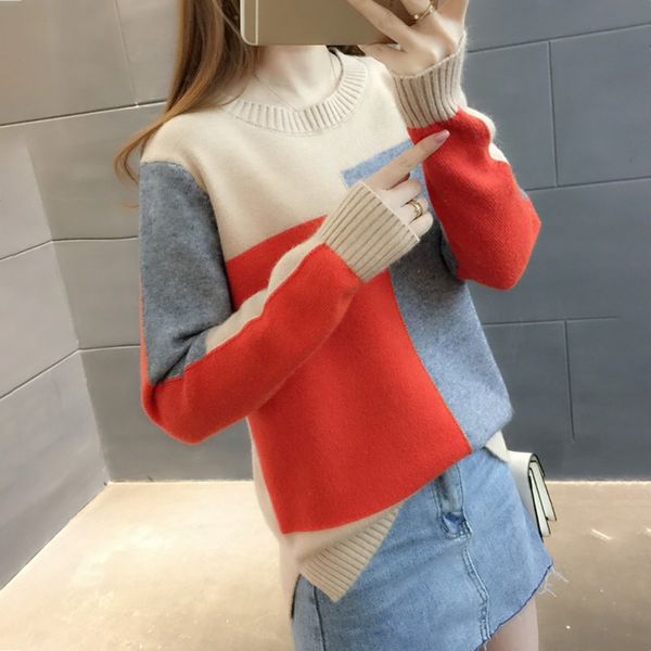 

women's sweaters women winter autumn candy color sweater round collar colorblock long sleeve knit multicolor with splicing thin, White;black