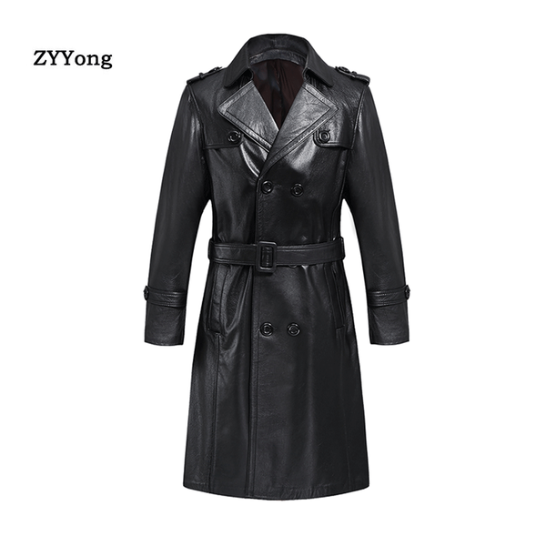 

luxury trench leather coat mens single breasted business casual leather jacket male black long genuine coat big size 8xl