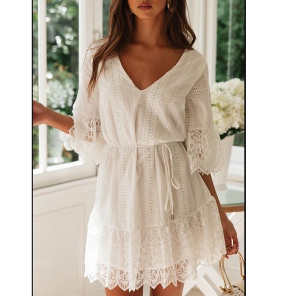 

summer dress 2019 women v-neck half sleeve lace patchwork casual hollow out tie party dress for female vestidos robe femme 41, Black;gray
