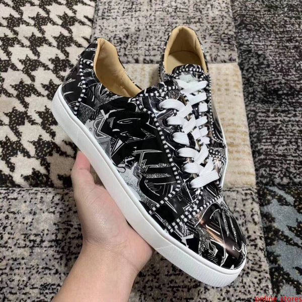 

white & black graffiti patent leather low-junior red bottom sneaker shoes for women,men casual walking,elegant party wedding