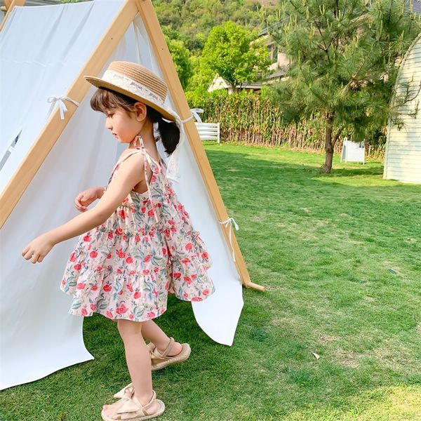 

girls dress 2020 summer new girl dress korean style foreign style flower short sleeve suspender dresses kids clothes, Red;yellow