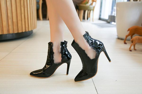 

women's shoes 2019 early autumn new fashion women's boots fashion high-heeled with pointed patent leather boots personality, Black
