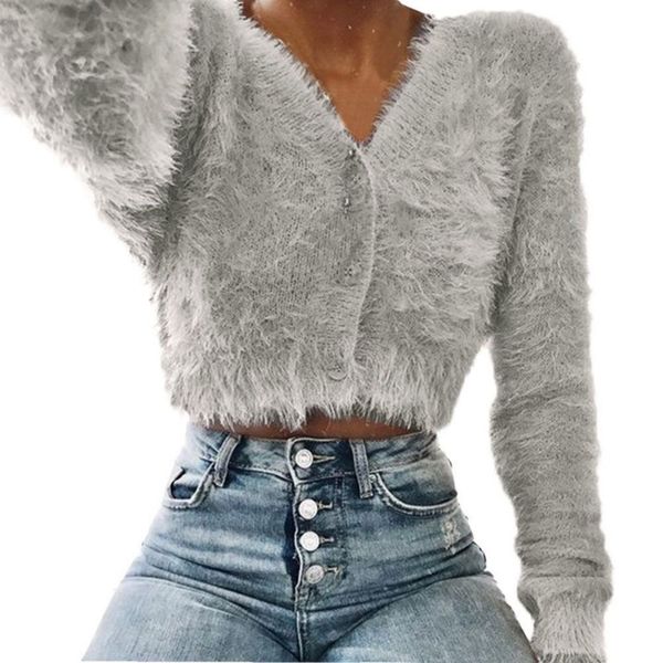

women furry sweaters 2019 women fashion v-neck long sleeve fur casual sweater crop popular, White