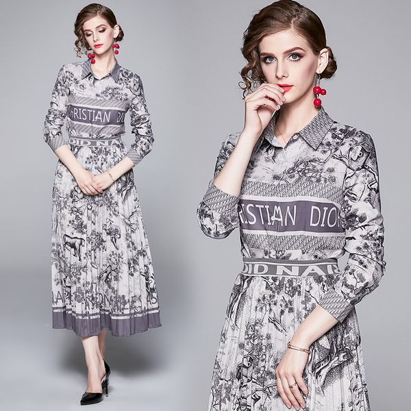 

2020 spring womens shirt+pleated skirt high-end printed two piece set long sleeve business suits fashion elegant lady set