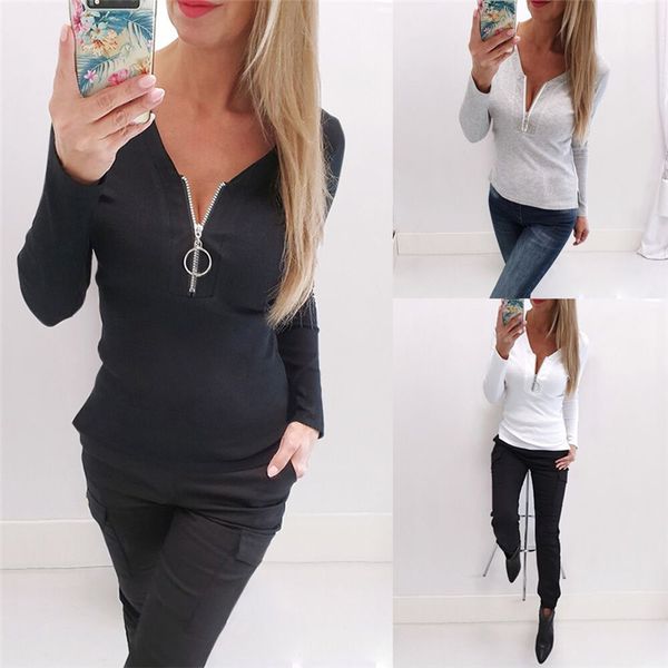 

zipper collar womens designer tshirts solid color slim skinny long sleeved pullover thin tshirts fashion womens tshirts, White