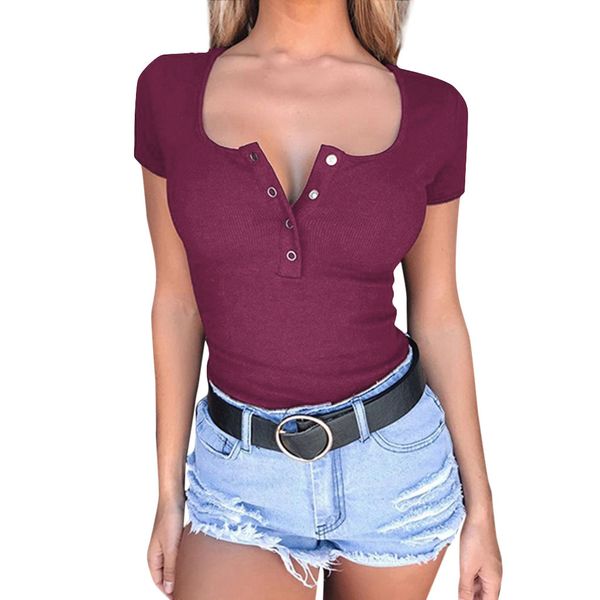 

t-shirt fashion womens solid short sleeve button t-shirt slim soft touch t shirt femme sport camisa mujer, White