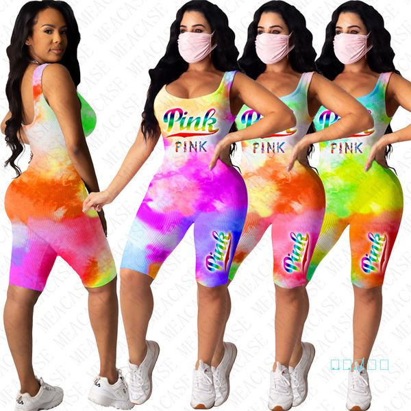 

tie-dye gradient women rompers jogging bodysuit branded letter sleeveless tank vest bodycon jumpsuit one piece shorts romper onesies d5502, White