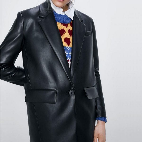 

2020 новая мода женщины черный v-образным вырезом искусственная кожа блейзер куртки офис леди бойфренд негабаритных с длинным рукавом отложн, Black