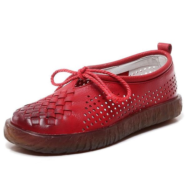 

handmade shoes women flat lace up moccasins mother soft genuine leather ladies shoes handmade flats hollow casual women shoes, Red;white