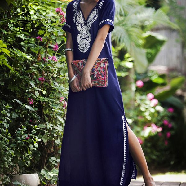 

cupshe navy tunic with white embroidered trim cover up v-neck long beach dress women 2019 summer bathing suit beachwear, Blue;gray
