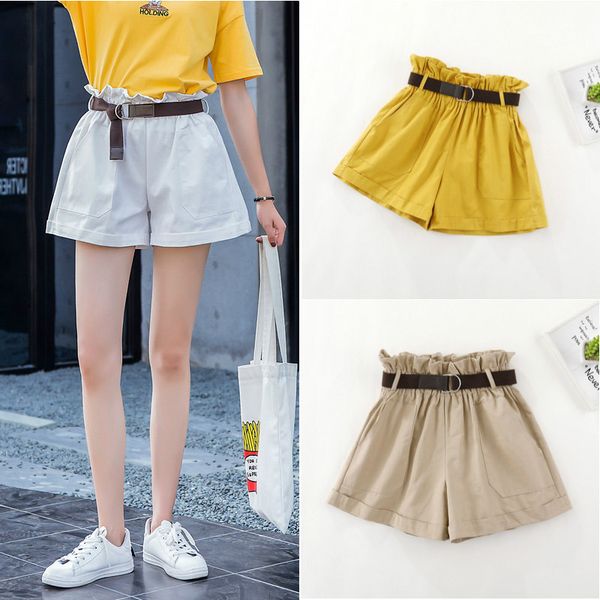 

women's bud high waist gift belt shorts solid pleated flare wide leg casual loose pocket female shorts 2019 summer women bottoms, White;black