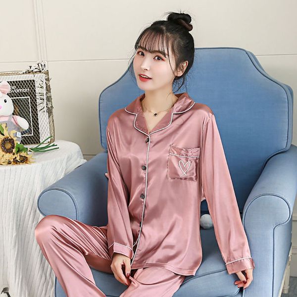 

2019 autumn new women silk satin pajama sets long sleeve sleepwear set two pieces pijama pajamas suit female breathable pyjamas, Black;red