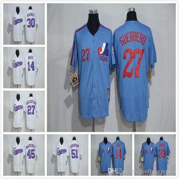 

27 vladimir guerrero 10 andre dawson 30 tim raines 51 randy johnson retro jerseys white blue, Blue;black