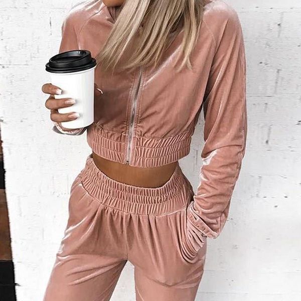 

women zipper hoodies sweatshirt pants sets o-neck casual female tracksuit suits velvet crop and trousers 2 pieces sets, White