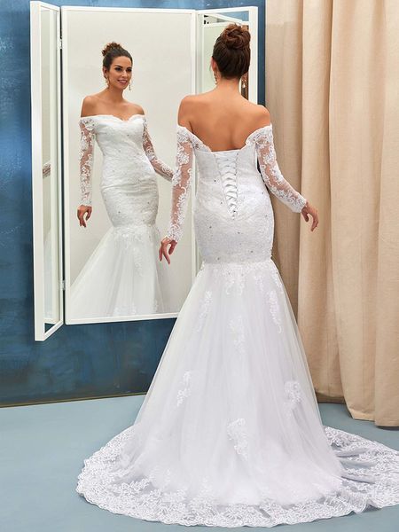 

elegant long sleeves mermaid wedding dresses 2020 off shoulder lace-up back applique beaded vestido de noiva long lace bridal gowns, White