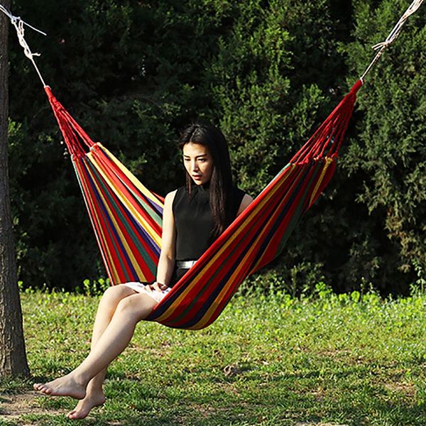 

250*150cm 2 people outdoor canvas camping hammock bend wood stick steady hamak garden swing hanging chair hangmat blue red