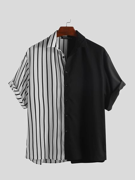 

panelled casual short sleeve polos lapel neck loose male clothing mens 2020 luxury designer shirts striped, White;black