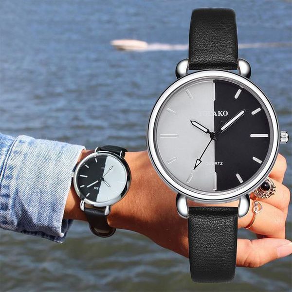 

funique 2018 double color watches women luxury ladies watch bracelet couple leather strip quartz wristwatch clock, Slivery;brown