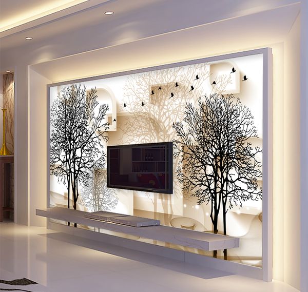 2019 Neue Foto-3D-Tapete, Schwarz-Weiß-Baum, künstlerische Konzeption, 3D-TV-Hintergrund, Wanddekoration, einfache Landschaftstapete