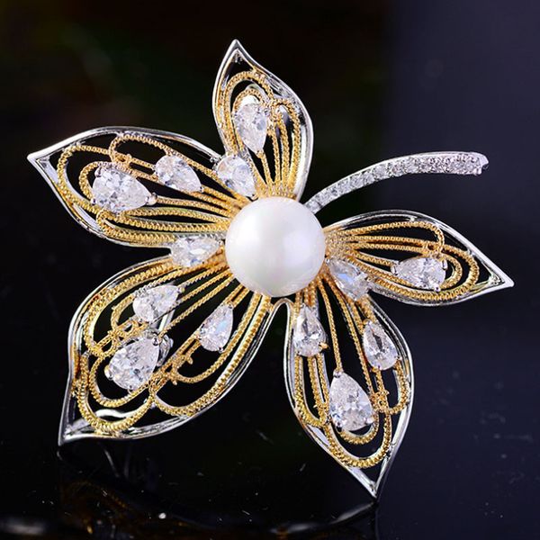 

zlxgirl fashion gold copper leafs brooch for women's wedding jewelry brand pearl scarf pins micro paved popular gifts, Gray