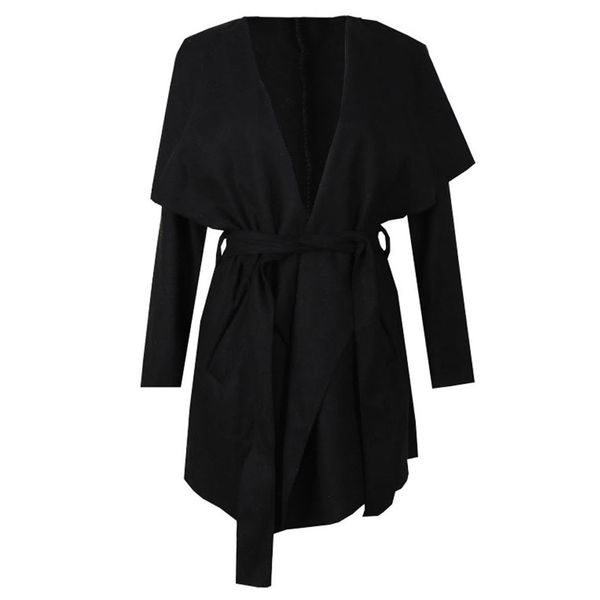 

women winter lapel lacing long sleeves cardigan woolen jacket overcoat, Black