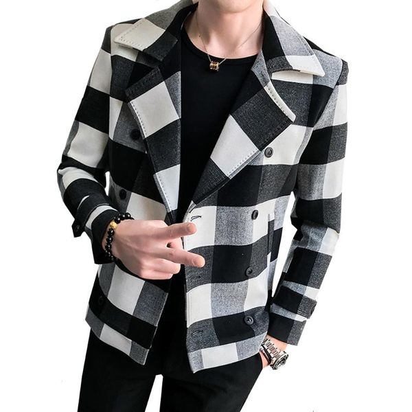 

2019 new coat men's short slim plaid windbreaker male casual double-breasted british handsome woolen coat plus size m-5xl, Black;brown