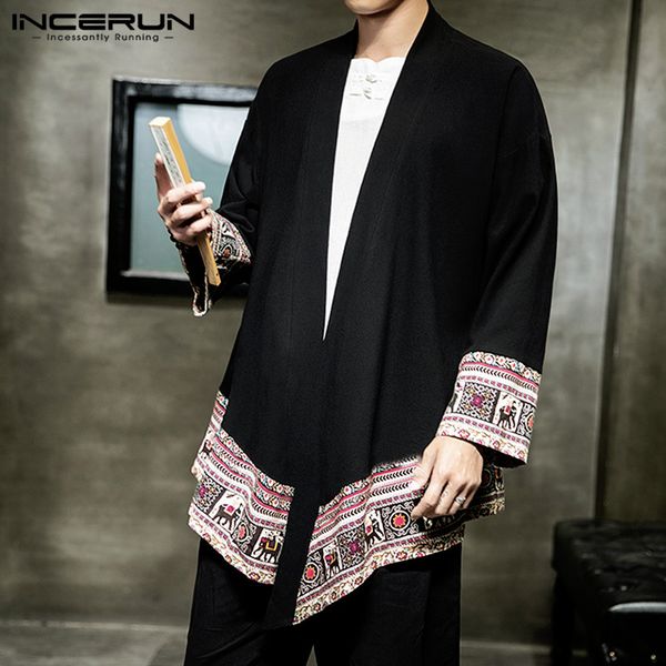 

vintage men outerwear printed ethnic style long sleeve cardigan 2019 kimono casual men trench coats streetwear jackets incerun, Tan;black