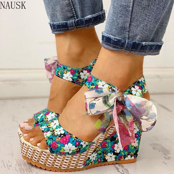 

women summer wedge sandals female floral bowknot platform bohemia high heel sandals fashion ankle strap open toe ladies shoes, Black