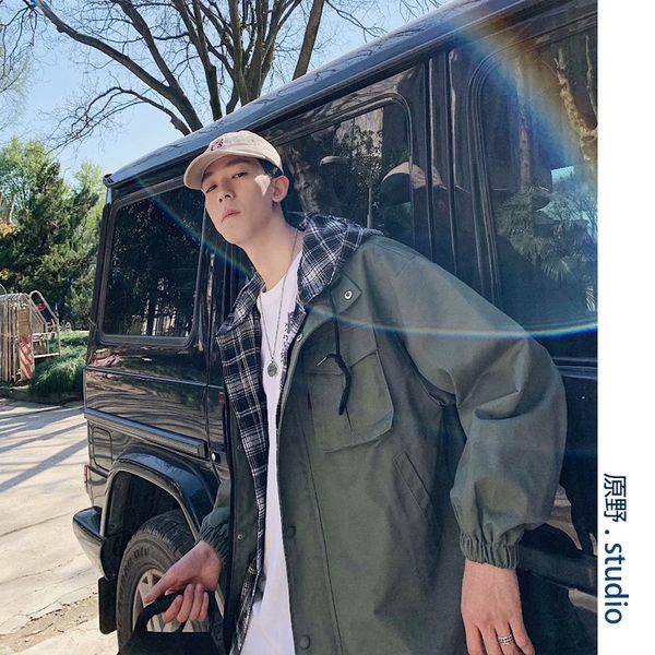 

2020 new men's false two hooded casual jacket south korean style loose tooling coat fashion man windbreaker men streetwear, Black;brown
