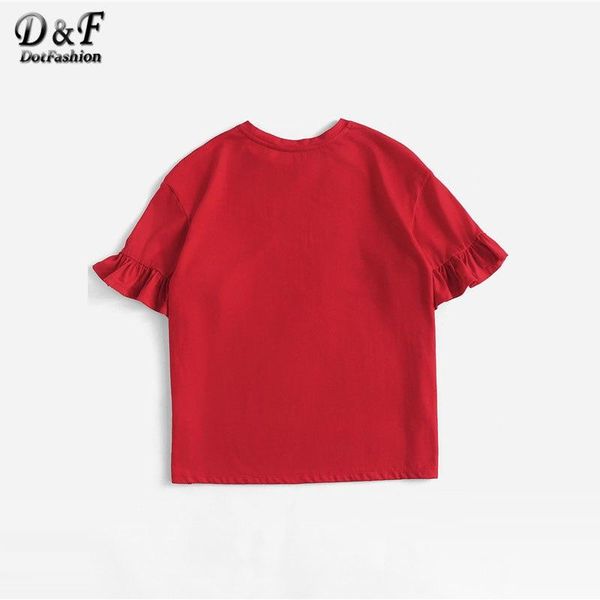 Lettera Drop Drop Should Frill Manica Carino Tee Shirt Red Round Neck Manica Corta Top Femminile Femminile Lettera Casual T-Shirt Trend