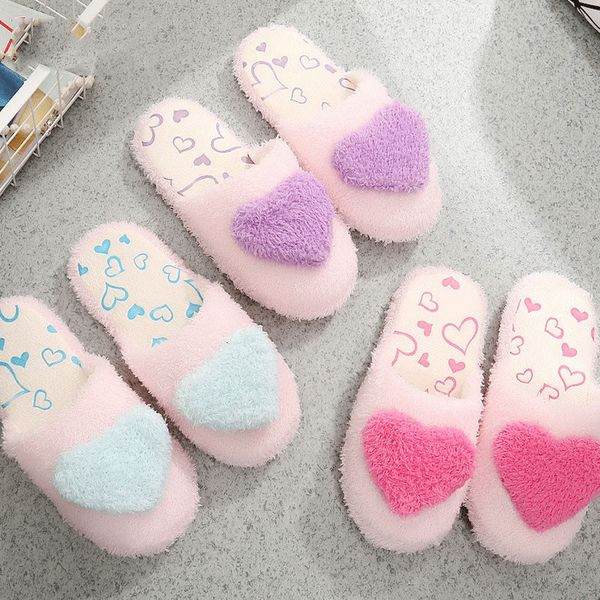 

heart-shaped winter women's slippers plush home shoes comfortable indoor flip-flops soft furry sandals female slides socofy shoe, Black