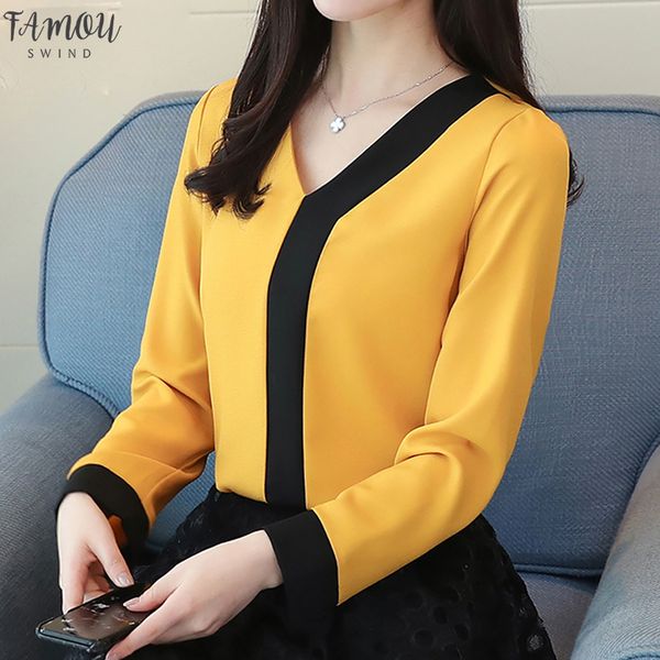 

2019 chiffon office lady shirt women blouse long sleeve v-neck women patchwork womens clothing shirts d826 30, White