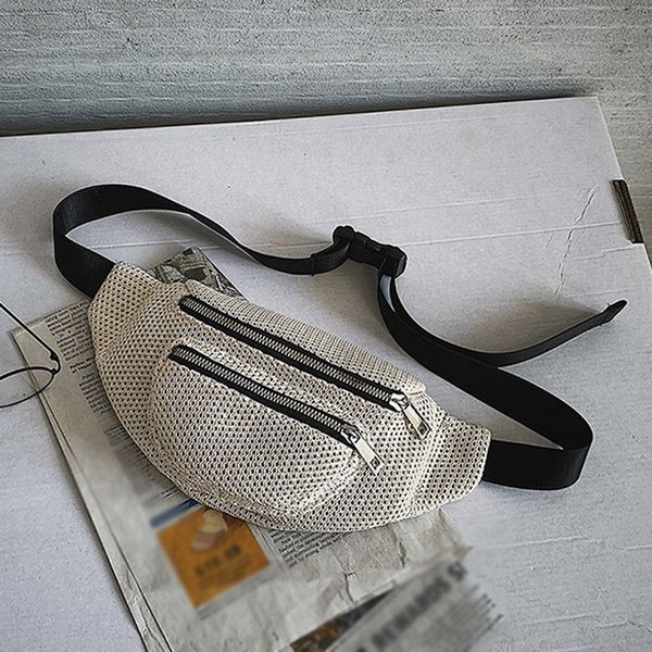 

women straw fanny pack waist bag outdoor hollow solid color beach dual pocket running belt chest bag phone money belt sac banane