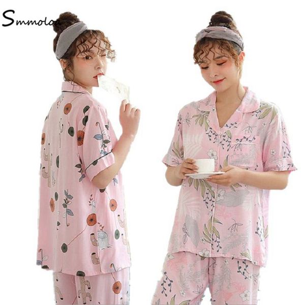 

smmoloa women pajamas silk cotton sleepwear flower print song sleeve + long pant 2 piece summer sleepwear, Blue;gray