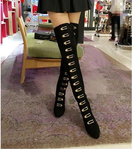 

new arrival 2019 winter women buckle-embellished suede boots black turnlock buckle over-the-knee boots big size 13