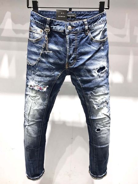 

dsq phantom turtle classic fashion man jeans hip hop rock moto mens casual design ripped jeans distressed skinny denim biker dsq jeans 6944, Blue