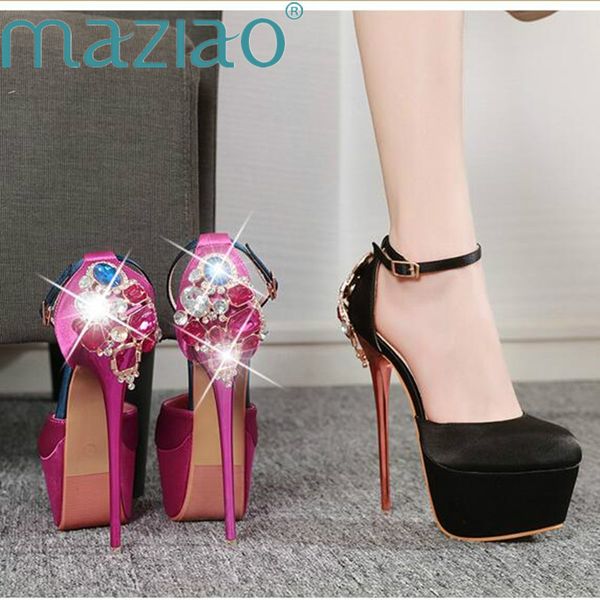 

ankle strap super high silk pumps women crystal high heel platform shoes women heels wedding party shoes woman maziao, Black