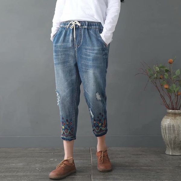 

plus size women denim broek elastic tail gates style board work 3 /4 jeans, Blue