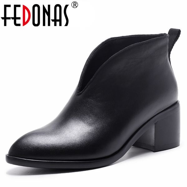 

fedonas new 2019 women basic ankle boots genuine leather autumn winter warm high heels shoes woman office lady quality pumps, Black