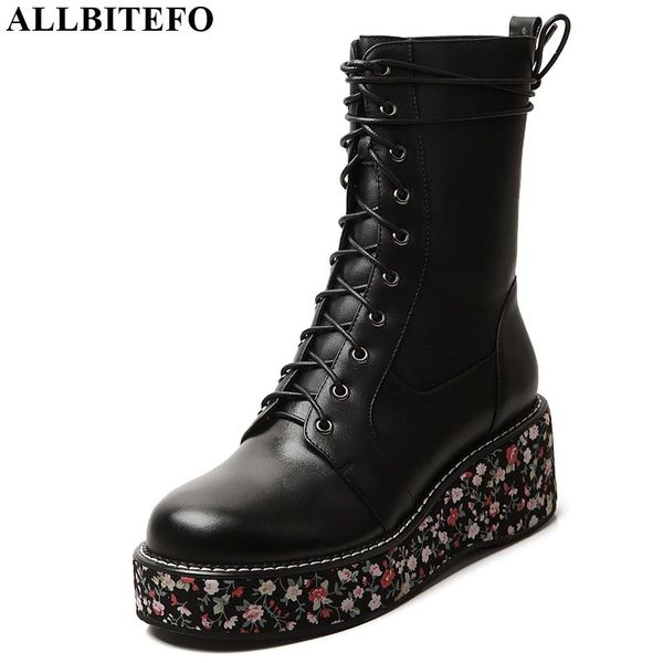 

allbitefo real genuine leather frenulum women boots flower design autumn winter pure color ankle boots fashion girls, Black