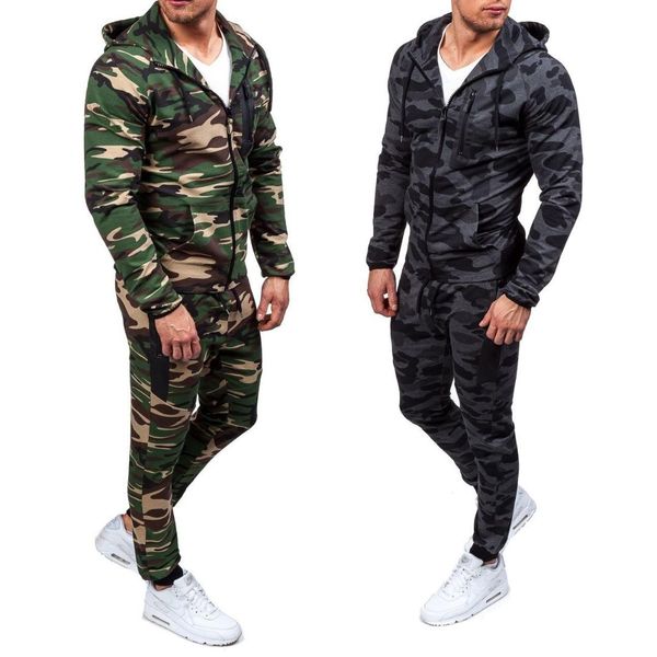 

zogaa 2019 new camouflage printed men set causal jacket men 2pcs tracksuit sportswear hoodies sweatshirt pants jogger suit, Gray