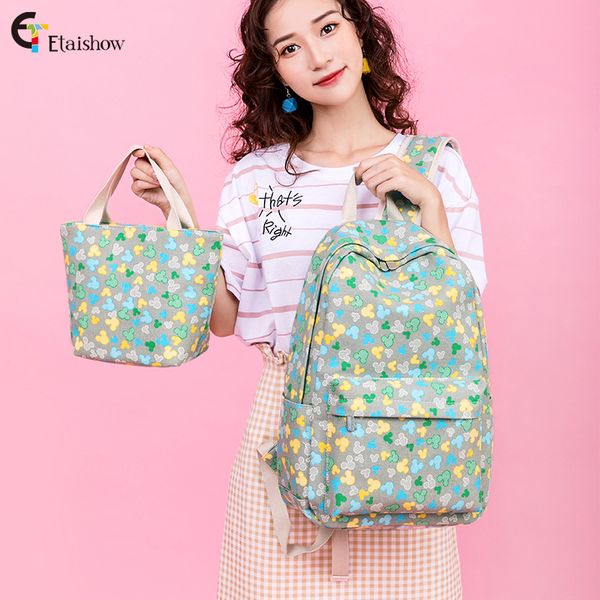 

two-piece set canvas backpack women's junior high school schoolbag campus printed backpack