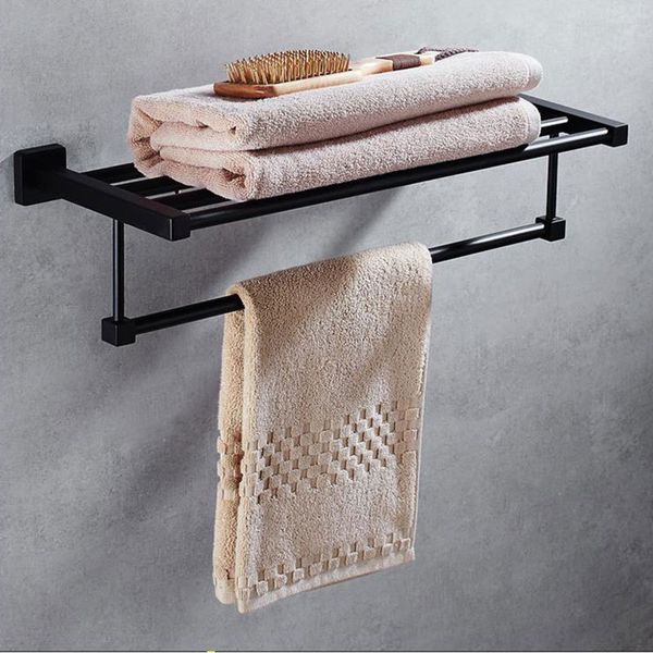 

double-deck bathroom towel rack black wall-mounted space aluminum towel rack, with hooks, bathroom bar, toilet hardware kit 0042