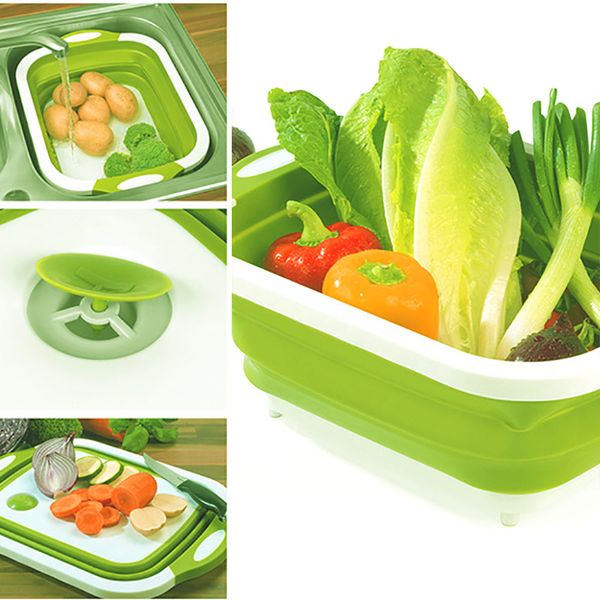 

4 in 1 folding cutting board basket collapsible dish tub with draining plug colander fruits vegetables wash drain sink storage