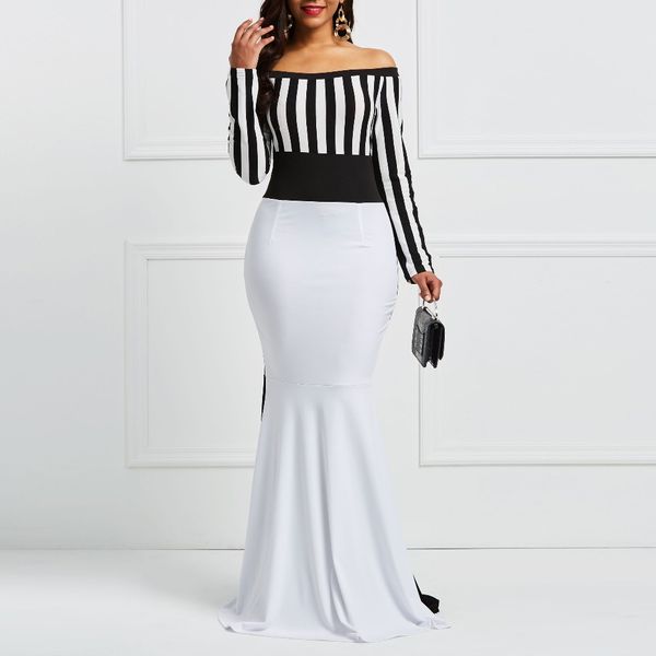 

clocolor sheath dress elegant women off sholuder long sleeve stripes color block white black bodycon maxi mermaid party dress, Black;gray
